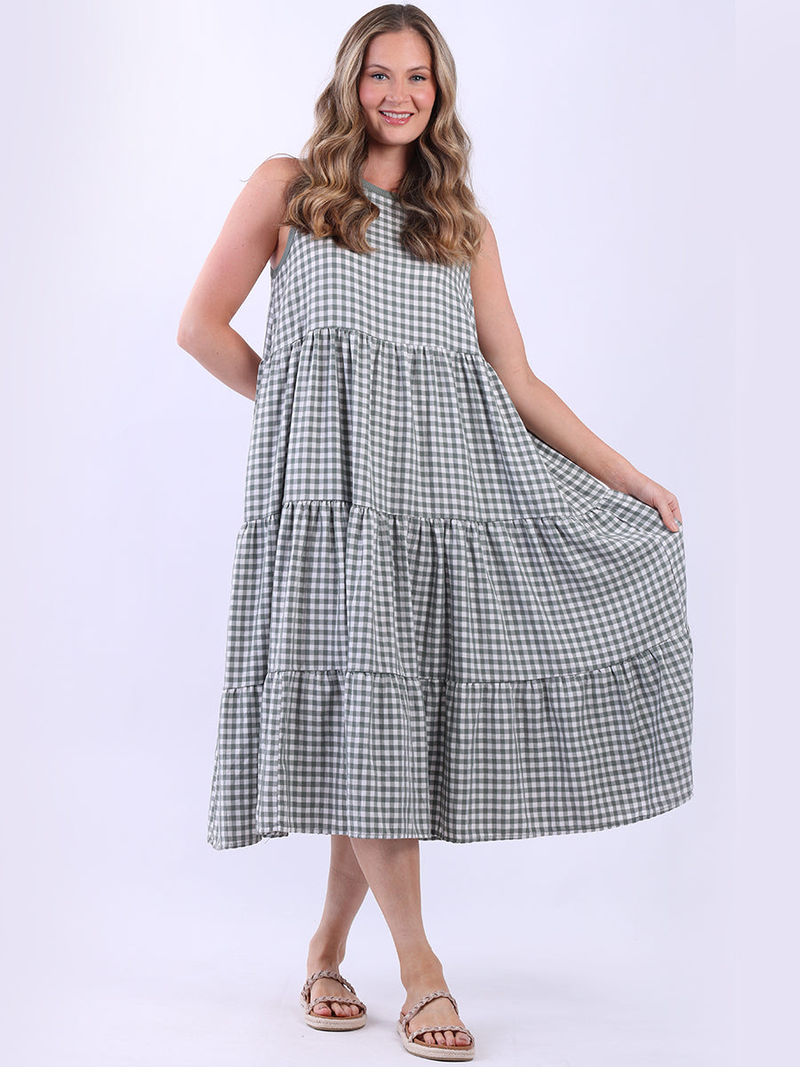 A Line Gingham Sleeveless Tiered Midi Dress