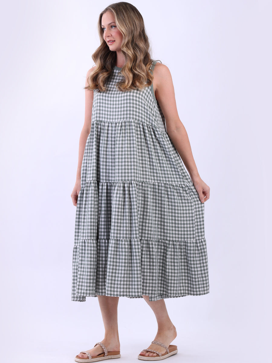 A Line Gingham Sleeveless Tiered Midi Dress