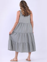 A Line Gingham Sleeveless Tiered Midi Dress