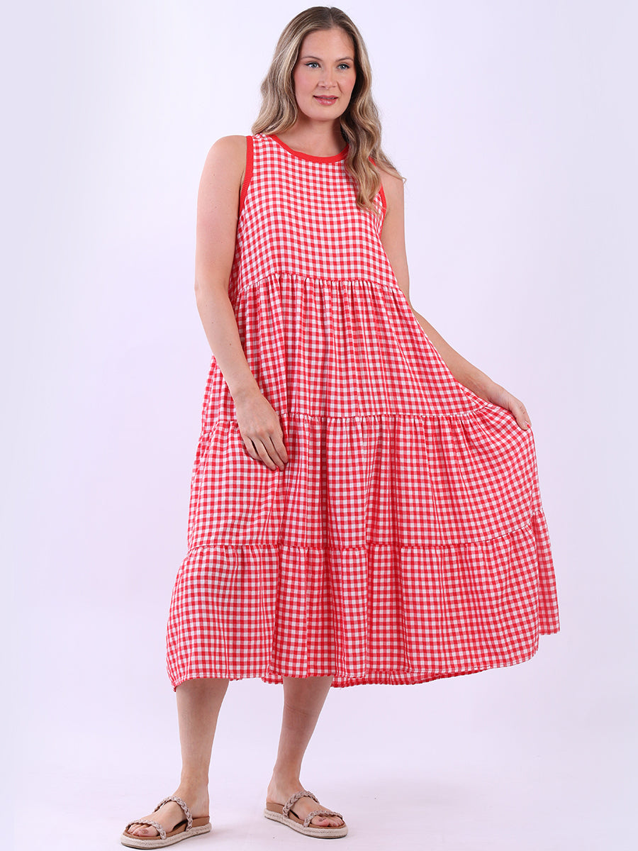 A Line Gingham Sleeveless Tiered Midi Dress