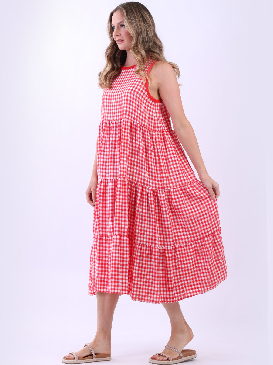 A Line Gingham Sleeveless Tiered Midi Dress