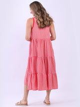 A Line Gingham Sleeveless Tiered Midi Dress