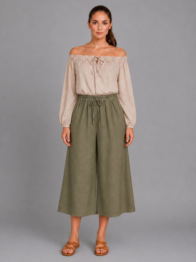 Wide Leg Capri Trouser Khaki