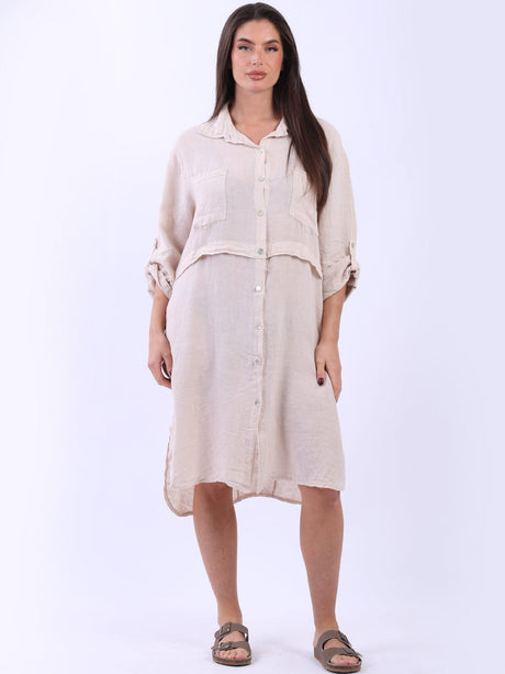 Sequin Back Linen Plain Midi Collared Dress