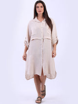 Sequin Back Linen Plain Midi Collared Dress