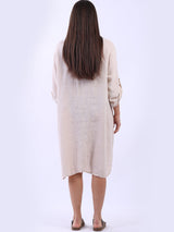 Sequin Back Linen Plain Midi Collared Dress