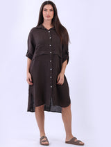 Sequin Back Linen Plain Midi Collared Dress