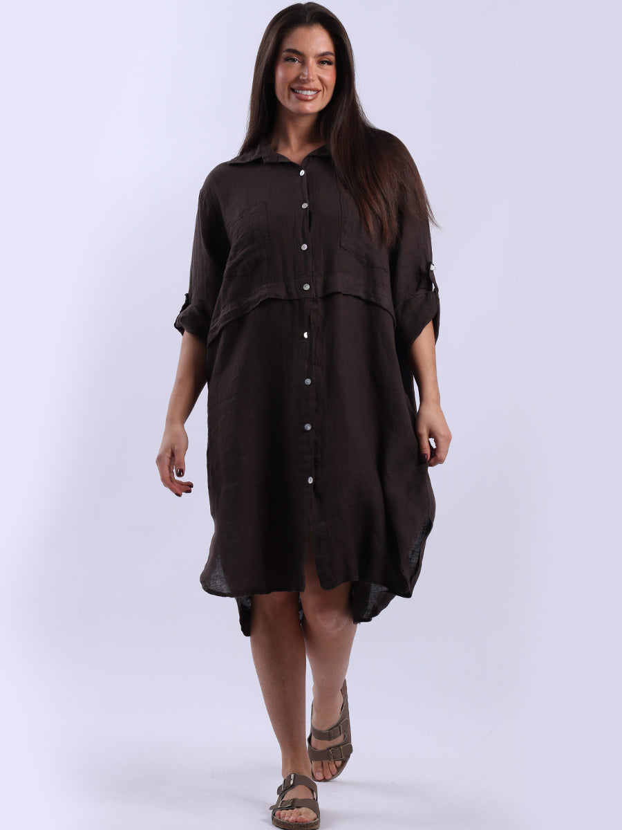 Sequin Back Linen Plain Midi Collared Dress