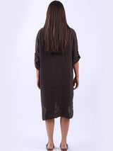 Sequin Back Linen Plain Midi Collared Dress