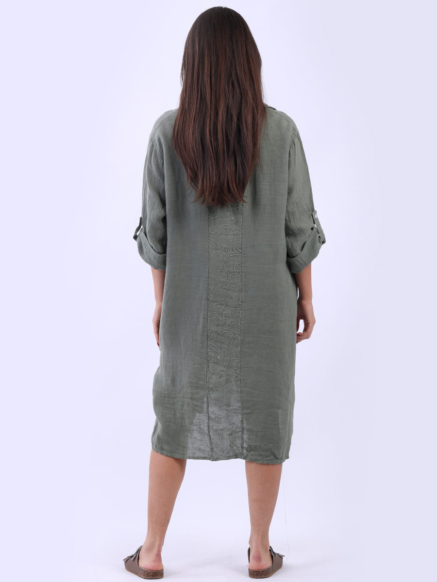 Sequin Back Linen Plain Midi Collared Dress