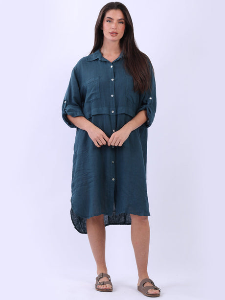 Sequin Back Linen Plain Midi Collared Dress