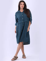 Sequin Back Linen Plain Midi Collared Dress