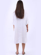 Sequin Back Linen Plain Midi Collared Dress