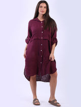 Sequin Back Linen Plain Midi Collared Dress