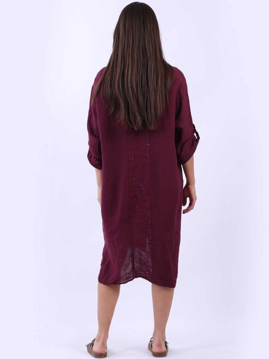 Sequin Back Linen Plain Midi Collared Dress