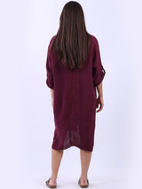 Sequin Back Linen Plain Midi Collared Dress