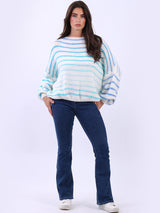 Women Stripy Print Knitted Woolen Batwing Jumper