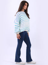 Women Stripy Print Knitted Woolen Batwing Jumper