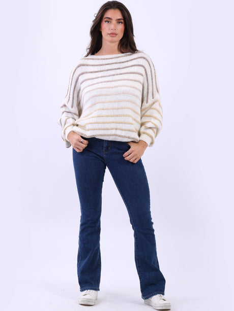 Women Stripy Print Knitted Woolen Batwing Jumper