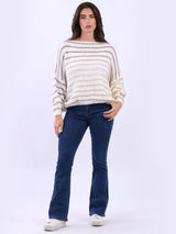 Women Stripy Print Knitted Woolen Batwing Jumper