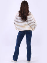 Women Stripy Print Knitted Woolen Batwing Jumper