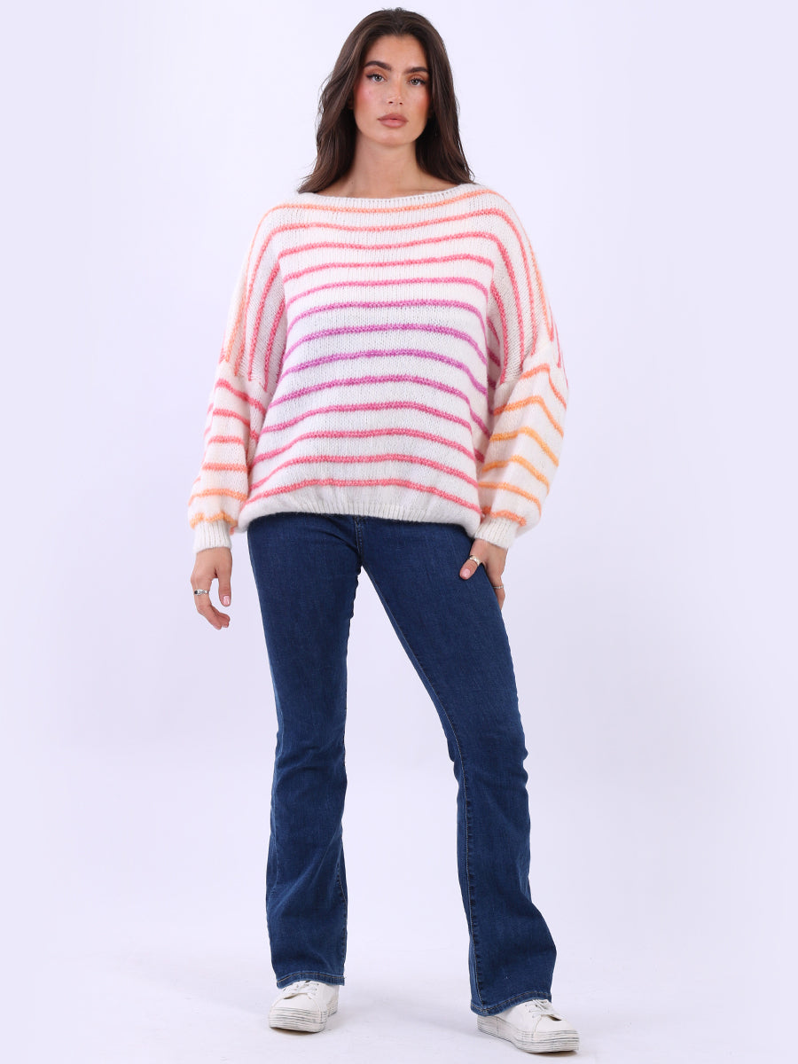 Women Stripy Print Knitted Woolen Batwing Jumper