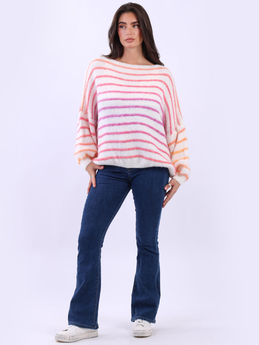 Women Stripy Print Knitted Woolen Batwing Jumper