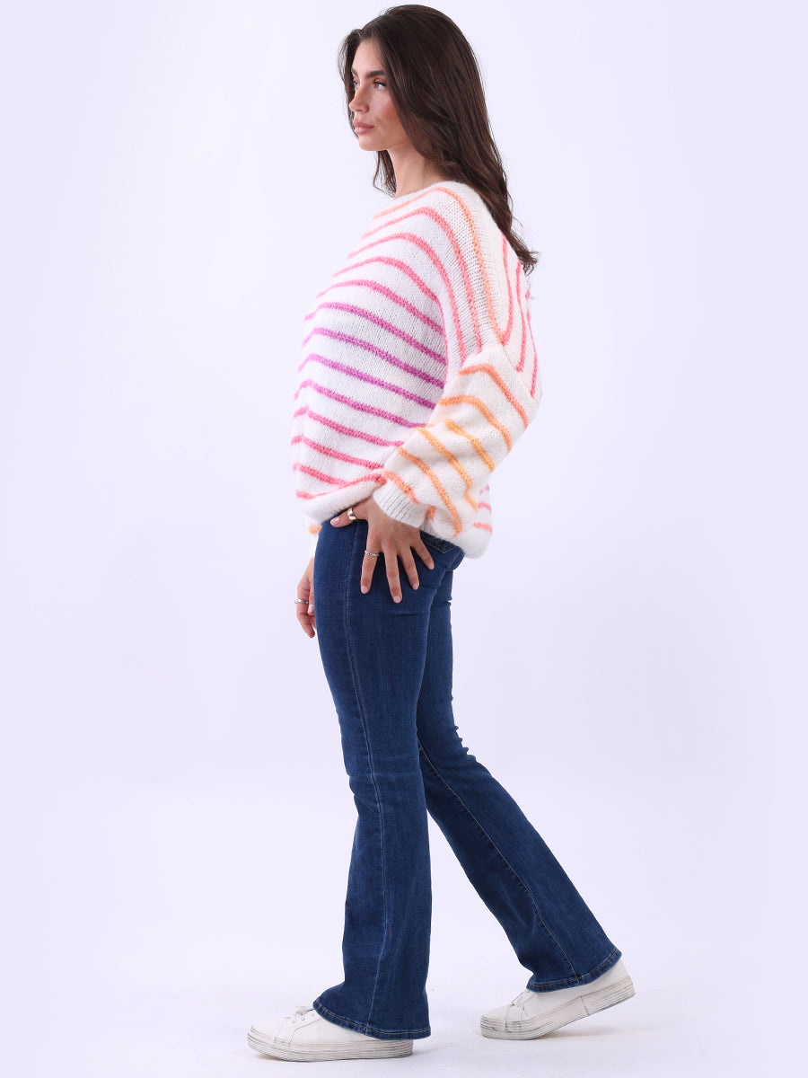 Women Stripy Print Knitted Woolen Batwing Jumper