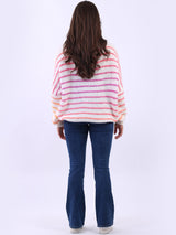 Women Stripy Print Knitted Woolen Batwing Jumper