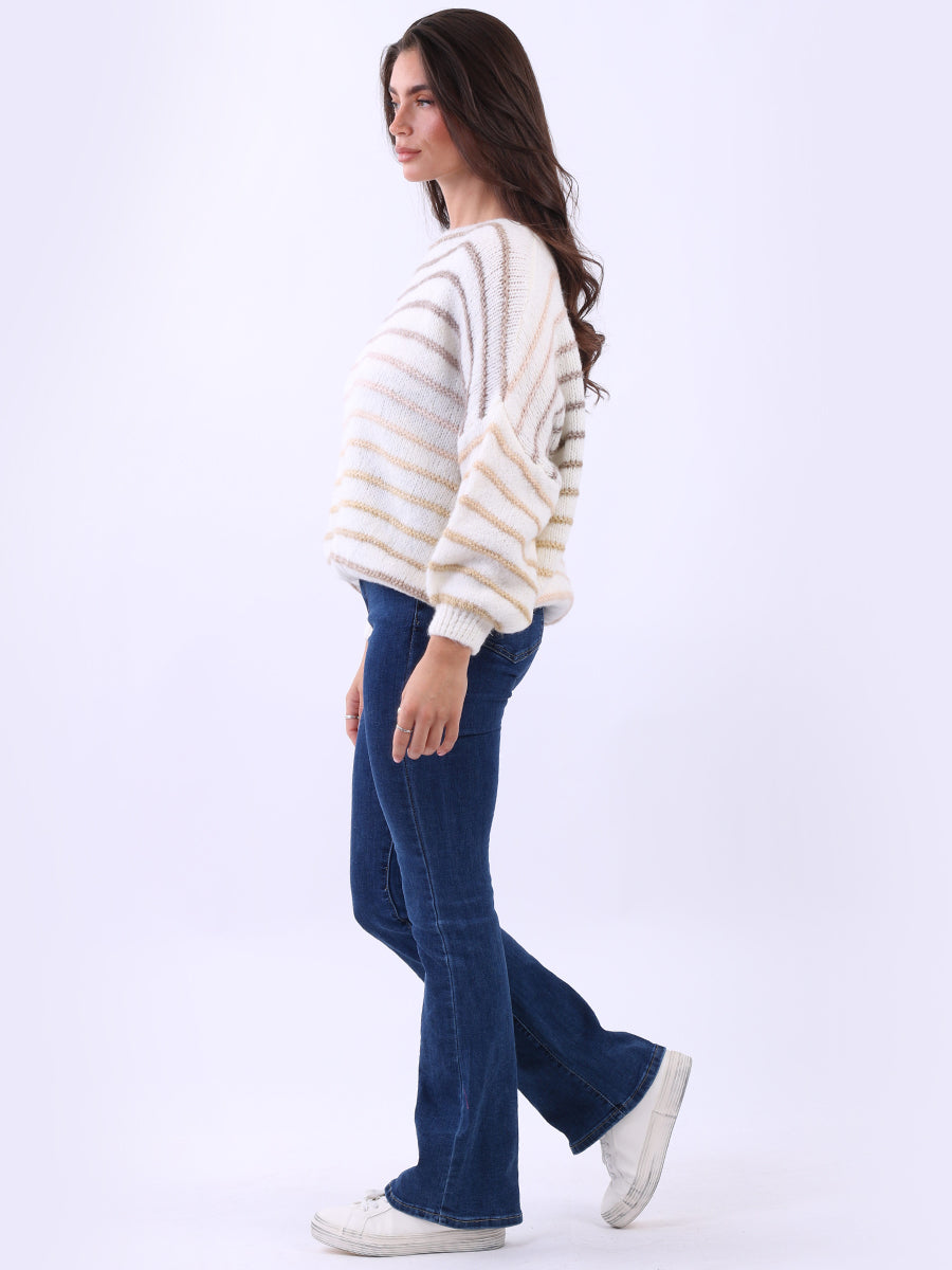 Women Stripy Print Knitted Woolen Batwing Jumper