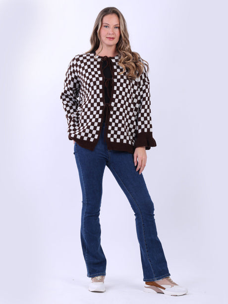 Knitted Check Tied Front Wooly Cardigan