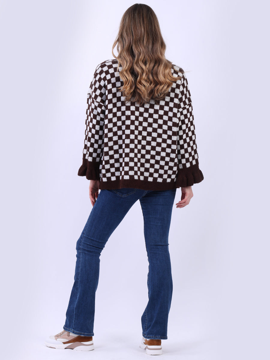 Knitted Check Tied Front Wooly Cardigan