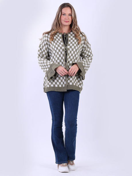 Knitted Check Tied Front Wooly Cardigan