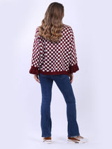 Knitted Check Tied Front Wooly Cardigan