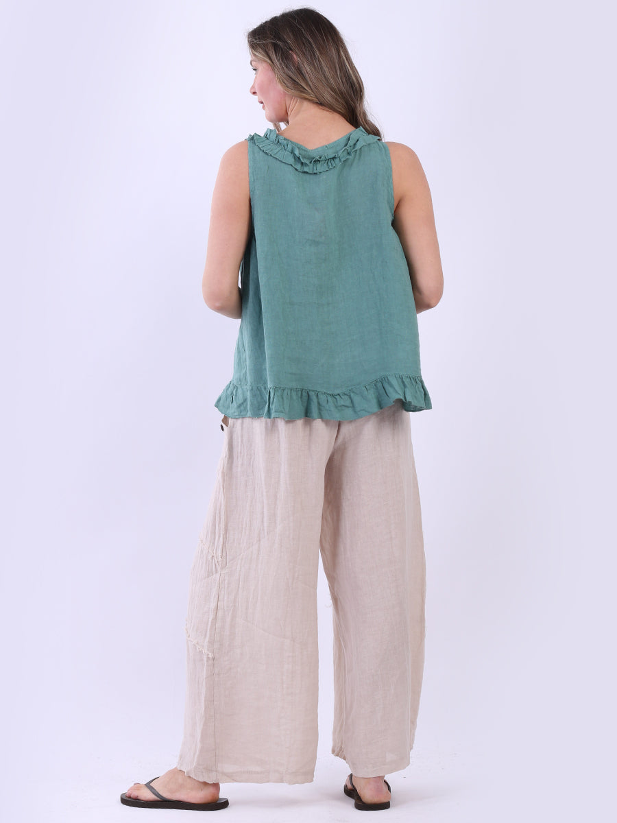 Plain Linen Ruffle Trim Crop Tank Top