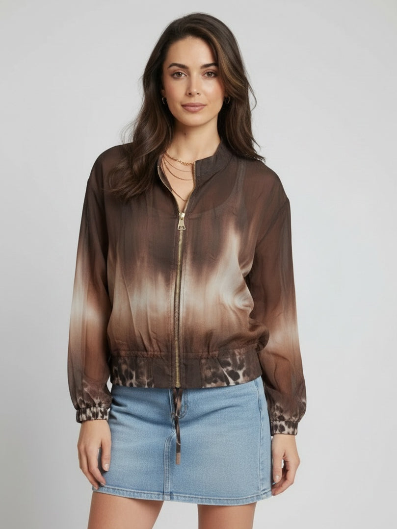 Tie Dyed Leopard Print Front Zipper Crop Jacket