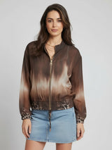 Tie Dyed Leopard Print Front Zipper Crop Jacket