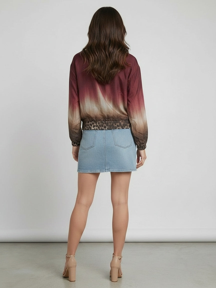 Tie Dyed Leopard Print Front Zipper Crop Jacket