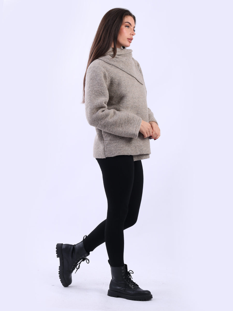 Solid Cowl Neck Ladies Wooly Jacket