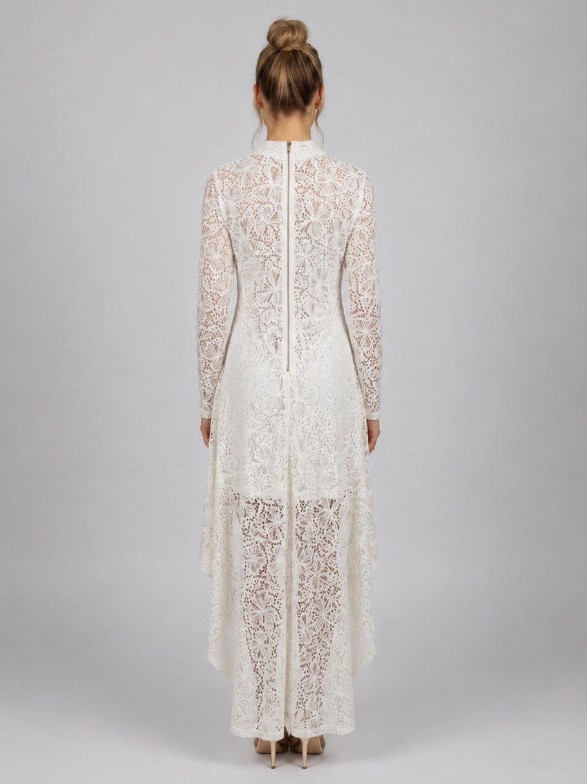 Dipped Hem Solid Crochet Lace Tunic Dress