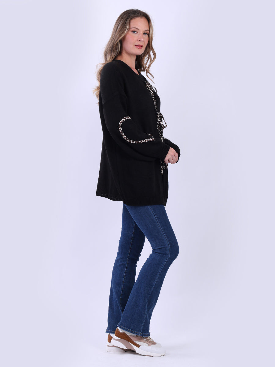 Front Tie Leopard Trimmed Knitted Cardigan