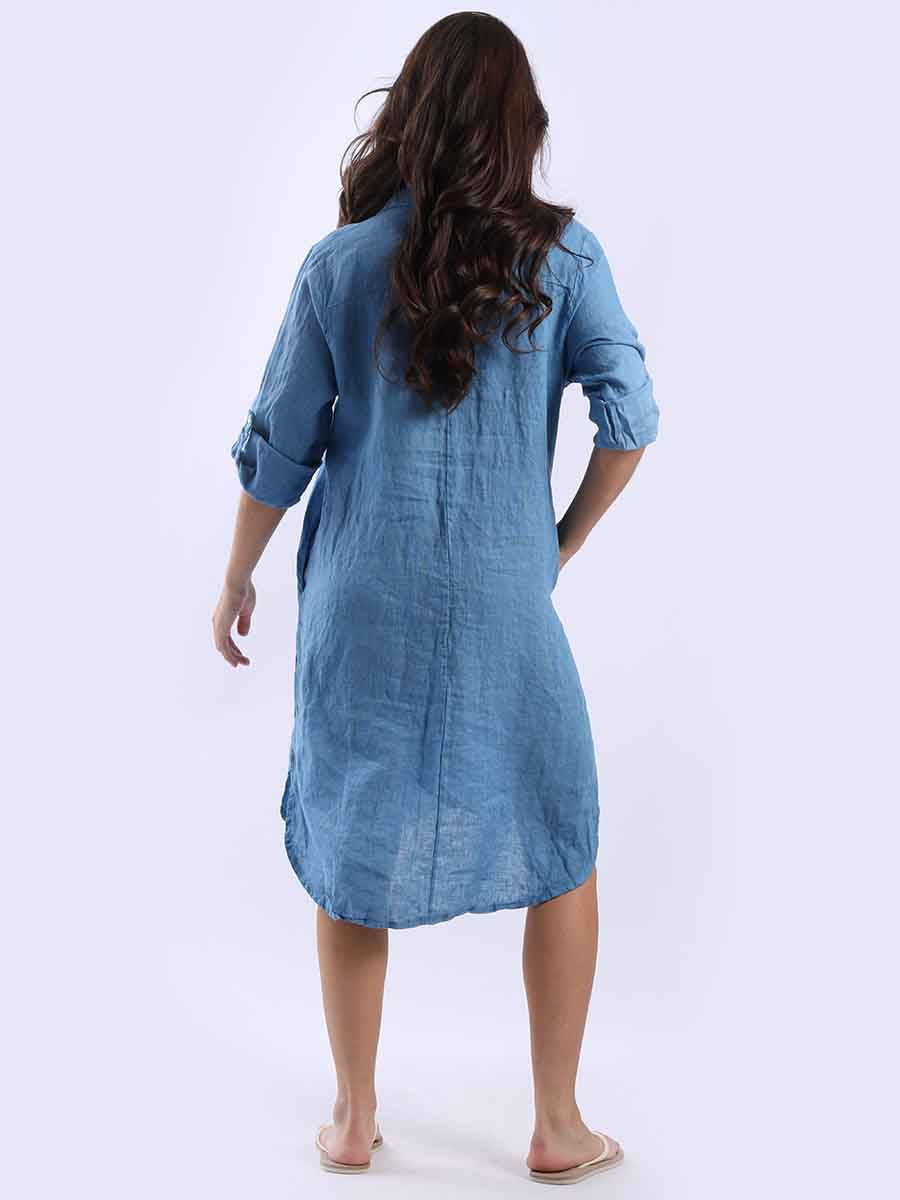Dipped Hem Solid Linen Shirt Dress