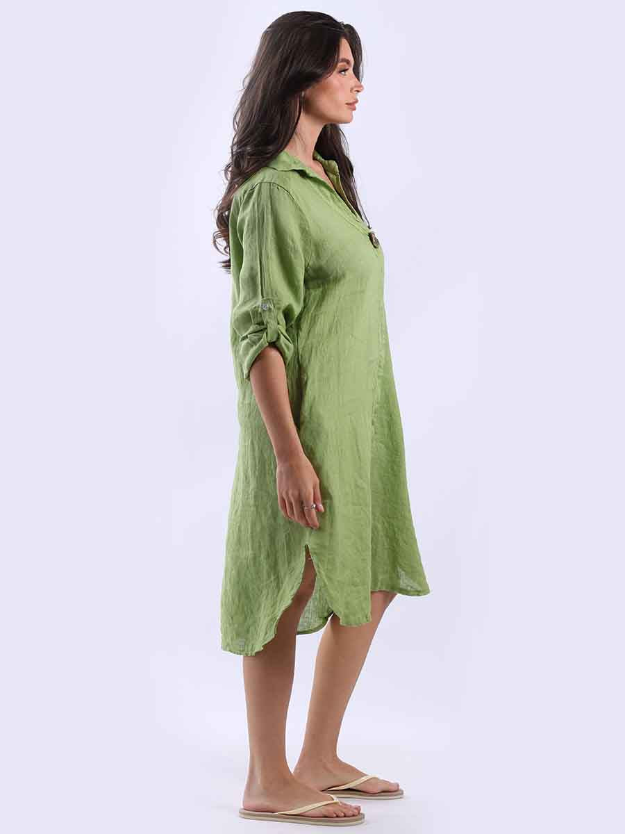 Dipped Hem Solid Linen Shirt Dress