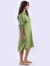 Dipped Hem Solid Linen Shirt Dress