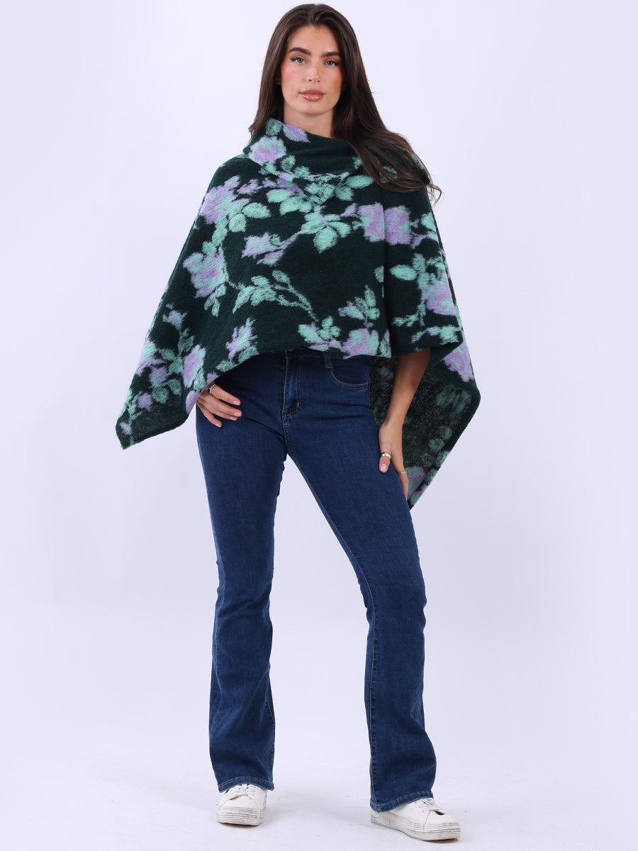 Women Drop Neck Floral Knitted Poncho