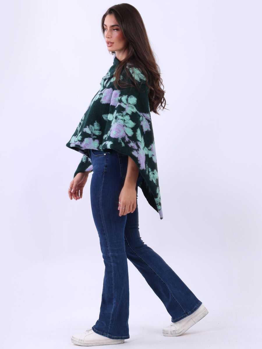 Women Drop Neck Floral Knitted Poncho