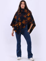 Women Drop Neck Floral Knitted Poncho