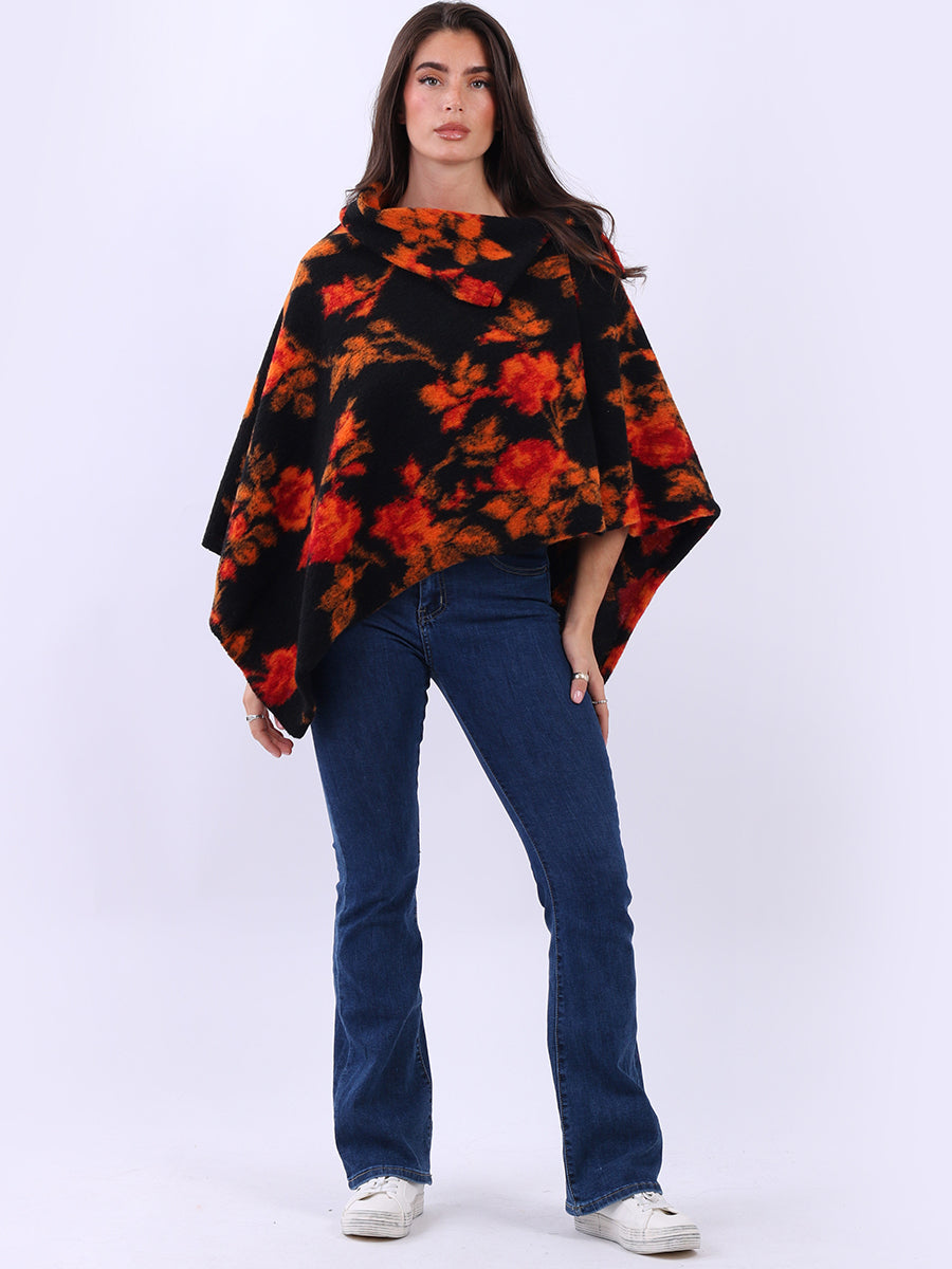 Women Drop Neck Floral Knitted Poncho