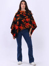 Women Drop Neck Floral Knitted Poncho