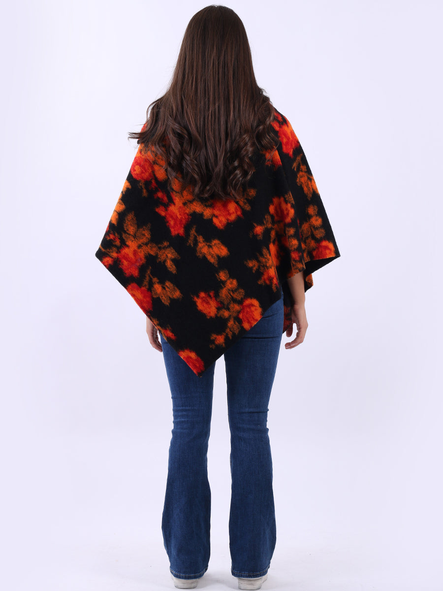 Women Drop Neck Floral Knitted Poncho